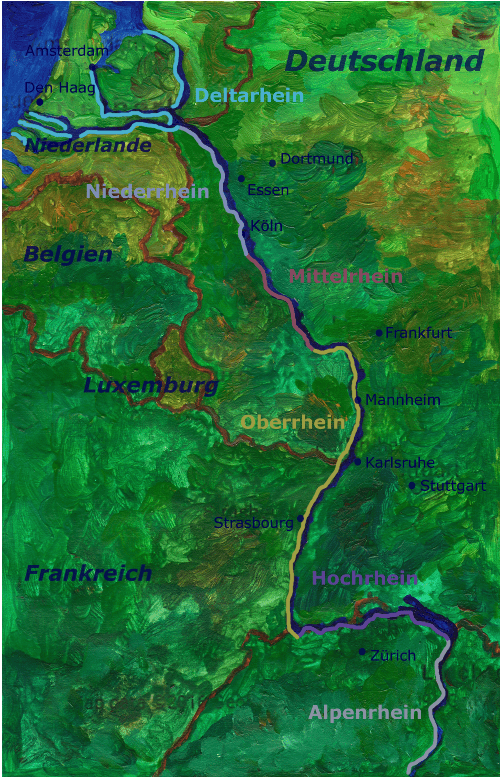 Rheinkarte - Karte vom Rhein mit seinen Städten und Orten