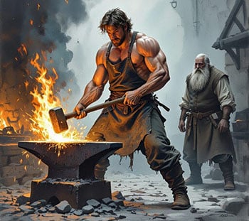 Siegfried beim Schmied in der Sage der "Wie der Name der gehörnte Siegfried enstand" / Überlieferungen vom Drachenfels